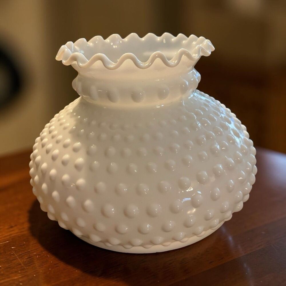 White Milk Vintage Glass Hobnail Ruffled Globe Round Lamp Shade 7" Fitter